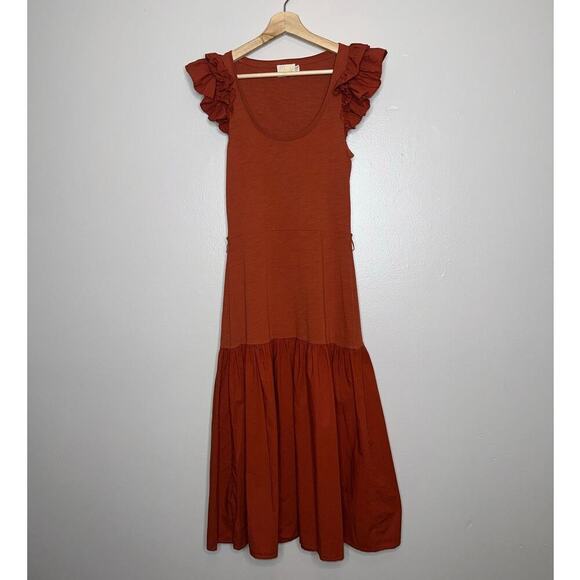 Nation LTD Everleigh Frilly Dress Cayenne XS Cotton Ruffle Midi Length - Picture 4 of 7